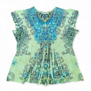 Energe By One World Cato Blue Psychedelic Pattern Boho Tee, Size XL